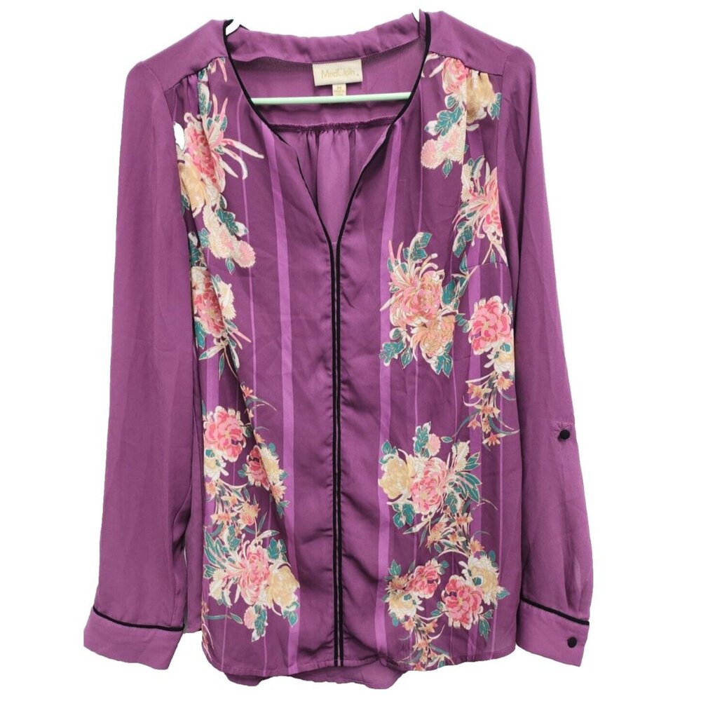 ModCloth Womens BOHO‎ Blouse Top Medium Purple Floral Long Sleeve Office